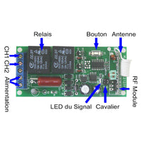 Récepteur Relais Télécommande Sans Fil 220VCA 2 Canaux Mode Autoblocage (Modèle 0020095)