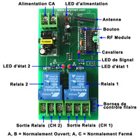 Récepteur RF de Télécommande Sans Fil à Large Portée 30A CA avec 2 Sorties Relais Sèches (Modèle 0020340)